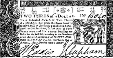 Paper Money, Two Thirds of a Dollar Bill, 1774 vintage illustration. vector