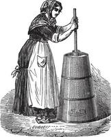 Woman churning butter with ordinary plunger vintage engraving vector