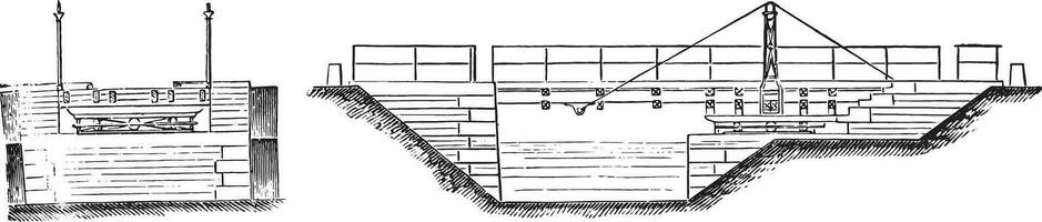 Turning Pont of the Marne-Rhine canal near Toul, vintage engraving. vector