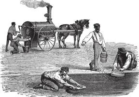 Road workers making pavement with the help of steam engine vintage engraving vector