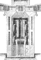 Cross section of a horizontal circulation of smoke in furnace, vintage engraving. vector