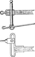 Elevation, section and plan of a complete regulator slide and triangle, vintage engraving. vector