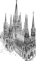 A cavalier view of the thirteenth century Cathedral, built entirely after the type adopted in Reims, vintage engraving. vector