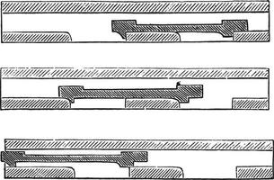 Straight slide with the train is in the three positions of the function device, vintage engraving. vector