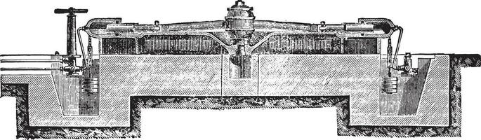 Machine to halt and rim, Vertical section through two presses and the axis of the body, vintage engraving. vector