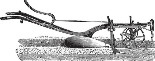 Ransome plow with excavator foot in front and leverage to dig it up, vintage engraving. vector