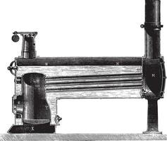 locomotora caldera dentro un hogar y horizontal tubos fumar, Clásico grabado. vector