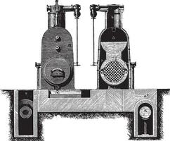 Boiler fireplace and removable tube bundle Farcot system, cross section, vintage engraving. vector