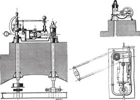 Device setup of turbines, Cuts on the cylinder axis, end views and over, vintage engraving. vector