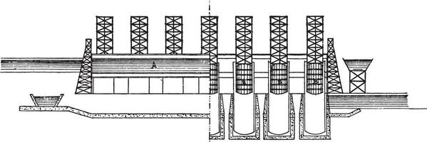 Elevator floats, On the left half longitudinal section, right half elevation, vintage engraving. vector