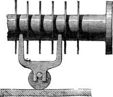 Mobile roller bearing steam pipe on the floor or in troughs, vintage engraving. vector