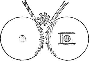 Section of a crusher two fluted cylinders, vintage engraving. vector