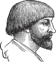 Man hairstyle, late tenth century, vintage engraving. vector