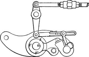 desencadenar sistema para admisión cajones de el Corliss motor, construido en creuzot, Clásico grabado. vector