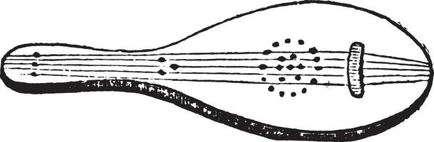 Five-string lute, thirteenth century, vintage engraving. vector