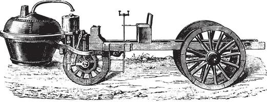 Cugnot steam car, vintage engraving. vector