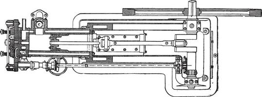 Otto engine in plan and horizontal sectional view along the cylinder axis, vintage engraving. vector