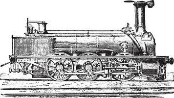 Mixed machine with three coupled axles for passenger trains and goods, vintage engraving. vector