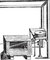 Mechanical sifter invented around 1552, after the Faust Veranzio, vintage engraving. vector