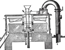 Section of a pair of grinding wheels with air intake through the impeller eye, vintage engraving. vector