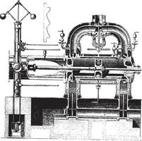 Cylinder Cup Corliss machine and views of the cam controller, vintage engraving. vector