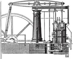 View from the beam engine, compound type, vintage engraving. vector