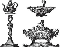 Various parts of a table service, after Pierre Germain, vintage engraving. vector