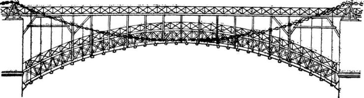 Arch and gateway service of El Kantara bridge, vintage engraving. vector