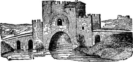 Lamentano fortified bridge, vintage engraving. vector