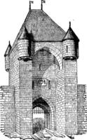 Moret Gate, thirteenth century, vintage engraving. vector