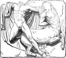 Theseus and the Minotaur, Metope of the Parthenon, vintage engraving. vector