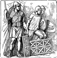 Roman segmented armors and shield old engraving, based on the Trajan's Column sculptures vector