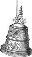 Bell found in the pagoda of Pak Ta, vintage engraving. vector