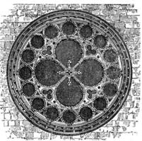 Dean's eye rose window in the North Transept of Lincoln Cathedral, England. Old engraving. vector