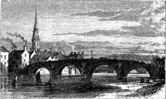 River Ayr Bridges. Old Bridge or Auld Brig over Ayr River, in Scotland, vintage engraving vector