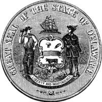 Saco de brazos o sello de Delaware, EE.UU, Clásico grabado vector