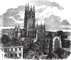 Gloucester Cathedral or the Cathedral Church of St Peter and the Holy and Indivisible Trinity in Gloucester England vintage engraving vector