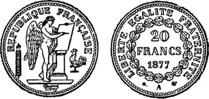 Gold coin of 20 francs, vintage engraving. vector