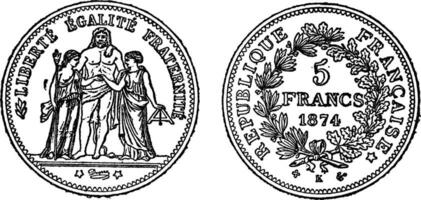 Piece of silver 5 francs, vintage engraving. vector