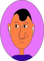 Caricature of a man with airpods inside pink elipse vector illustration on white background.