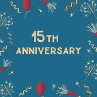 Celebrating greeting card with text 15th anniversary. Vector frame design print with celebrating elements with dotted texture on dark background. Square composition