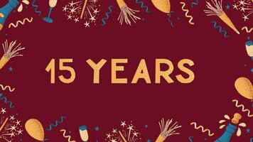 Greeting celebrating banner with text 15 year. Flat composition for anniversary, birthday or wedding. Template of print design with celebrating elements with dotted texture on dark red background. vector