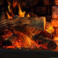 AI generated Closeup of fire place with burning wood photo