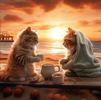 ai generado dos gatos Bebiendo café en el playa con un hermosa puesta de sol foto