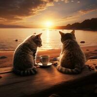 ai generado dos gatos Bebiendo café en el playa con un hermosa puesta de sol foto