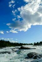 a river with rapids and trees under a blue sky photo