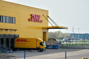 Warsaw,Poland. 15 April 2018. Sign DHL. Company signboard DHL. photo