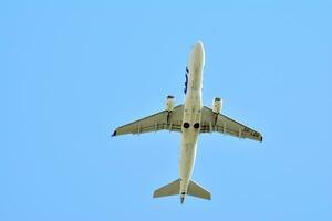 Warsaw, Poland. 15 April 2018.  Passenger airplane is flying from the runway of Warsaw Airport photo