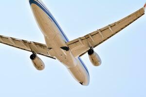 Warsaw, Poland. 15 April 2018.  Passenger airplane is flying from the runway of Warsaw Airport photo