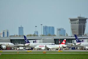 Warsaw,Poland. 18 March 2018. Warsaw Chopin Airport. The plane at the airport on loading. photo